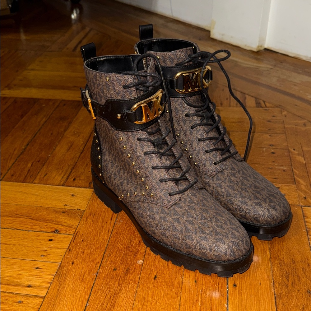 Michael Kors Brown Logo Lace-Up Combat Boots with Gold Hardware - Picture 2 of 4